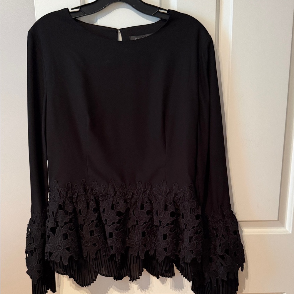 Gracia Black Lace-Paneled Long Sleeve Blouse Size L New